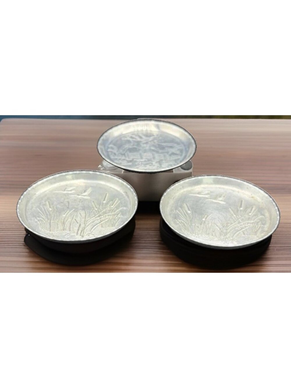 Vintage Aluminum Coasters Geese Reeds Horse Fence Lot of 3 Stocking Stuffer